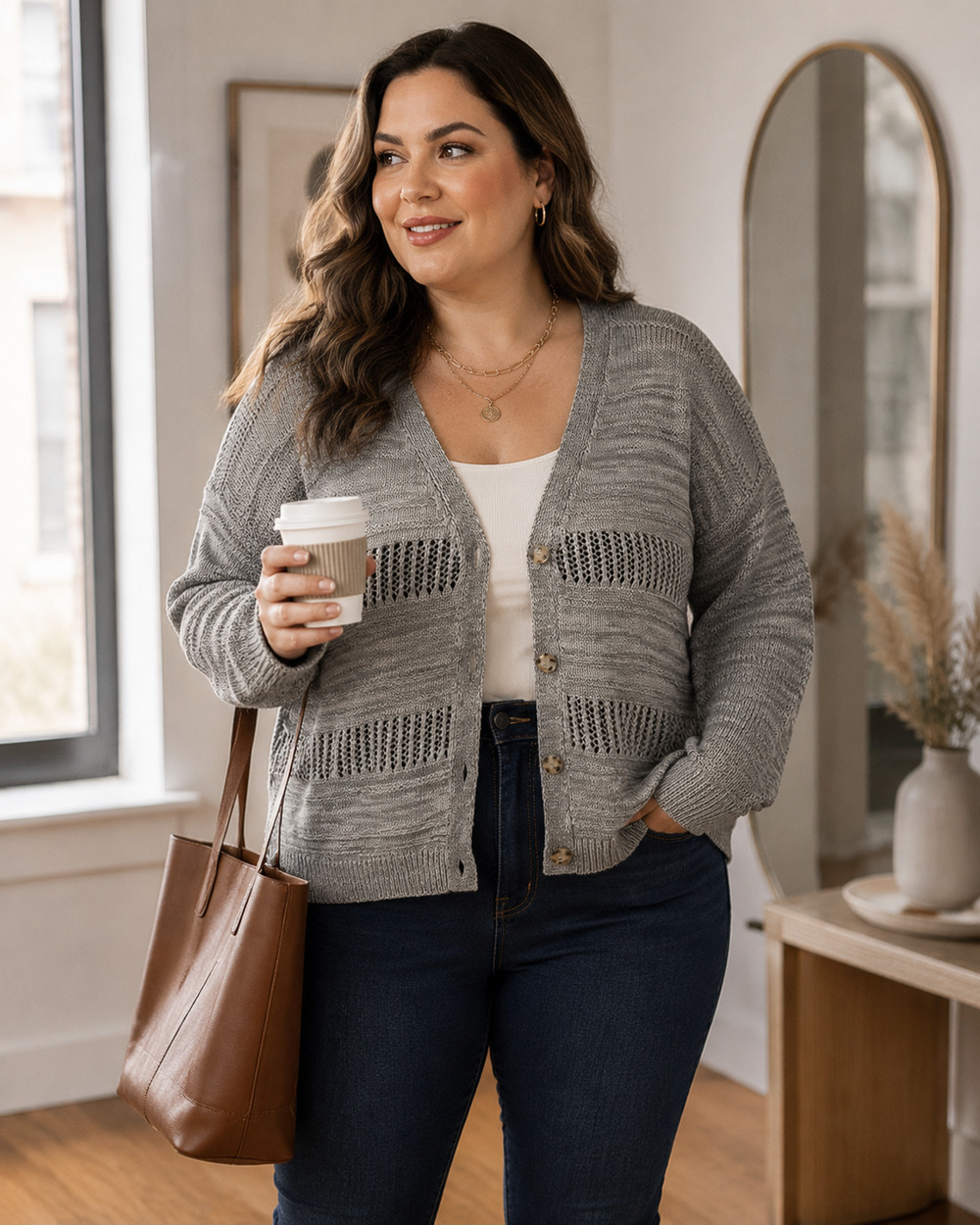 Time and Tru Plus Sz XXL 20 Gray Cotton Blend Open Knit Cardigan Sweater